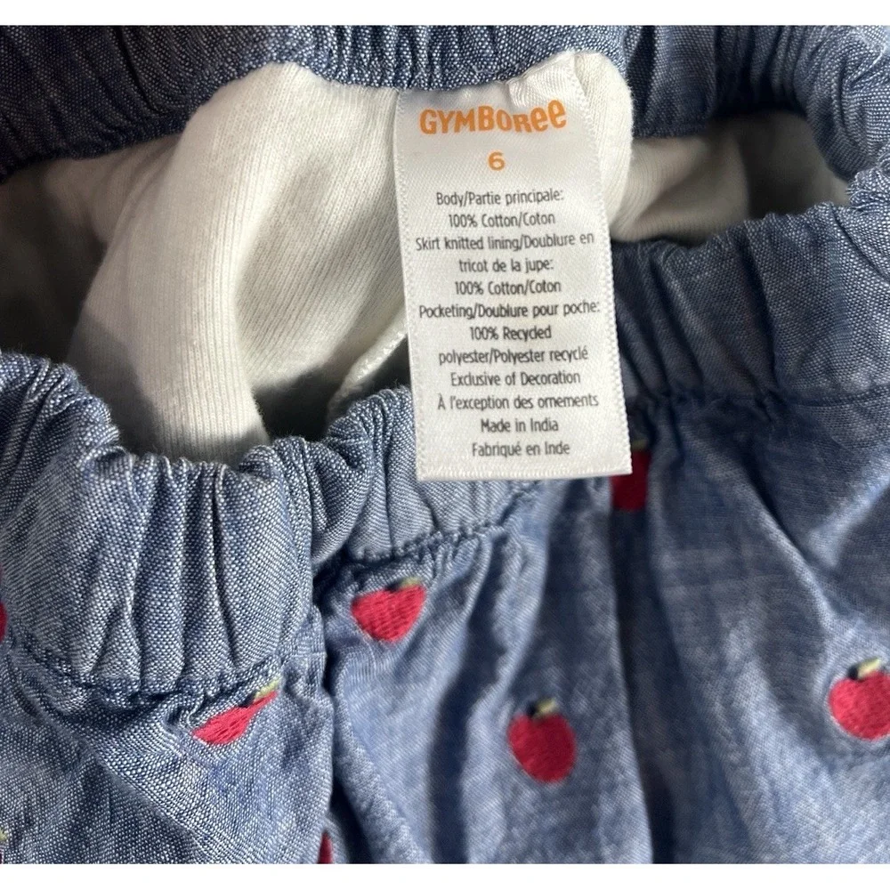 Gymboree Girls Skirt Size 6 Blue‎ Denim Embroidered Apples Pockets Cotton
